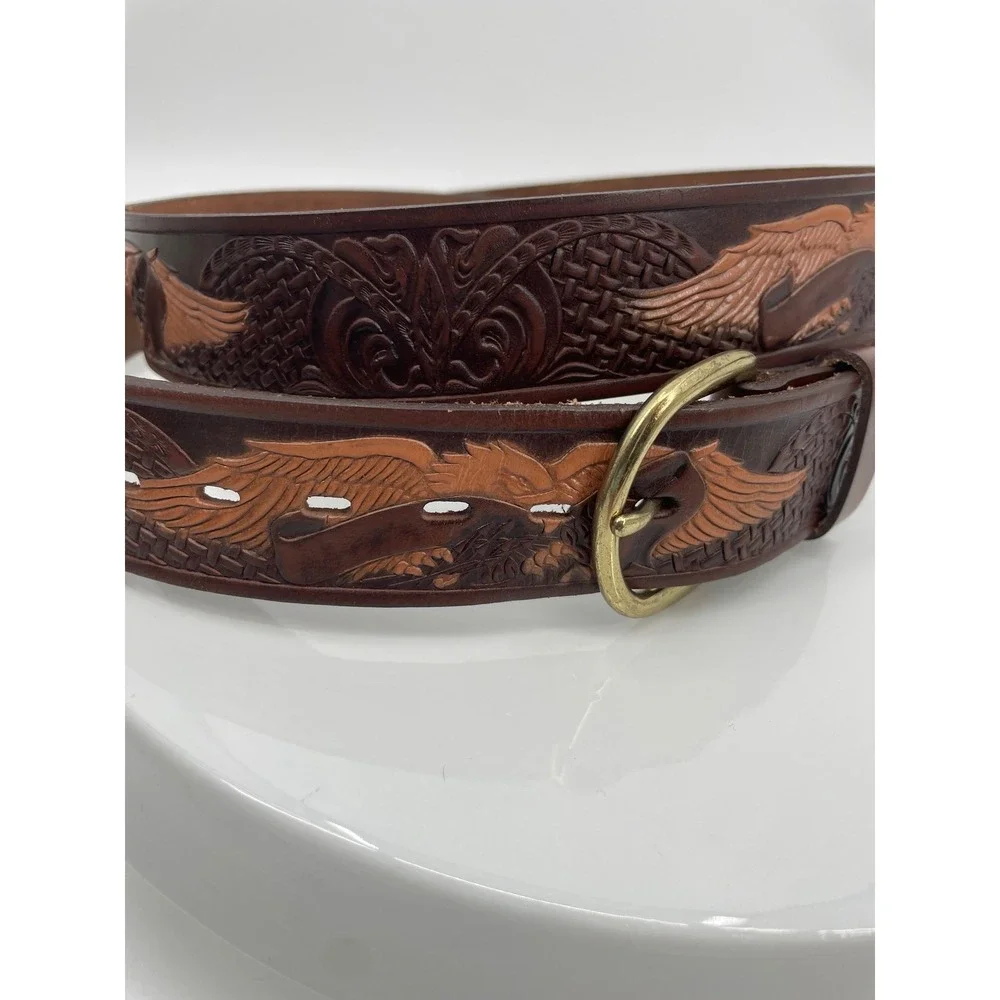 Vintage Western Belt Mens 50 Brown‎ Top Grain Leather Tooled Eagle Brass Buckle